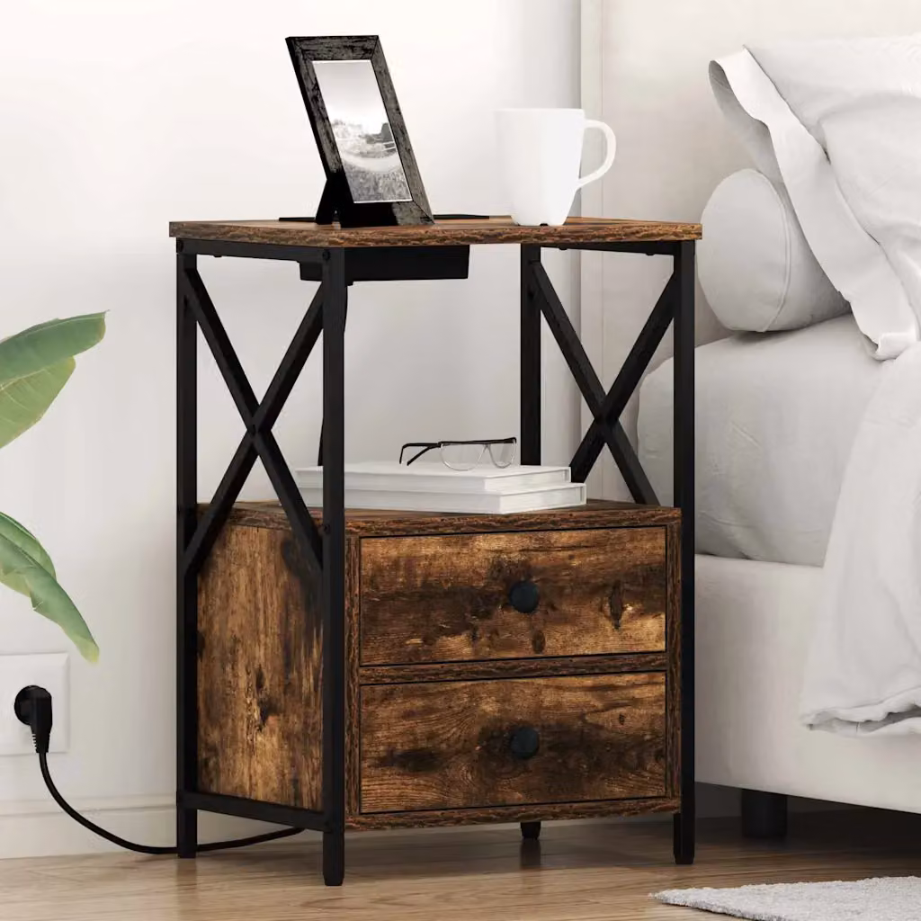 Set di 2 Armadi da Notte vidaXL in Rovere Fumé, Design Rustico, L/P/H: 40 x 31 x 60 cm