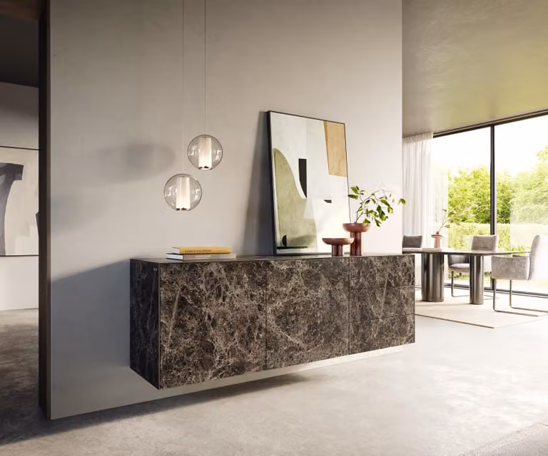 Mobile contenitore laterale DELIFE modello Cuor, 180 cm, finitura in Vetroceramica Emperador extra lucida, color marrone scuro, 2 ante, 3 cassetti, design sospeso