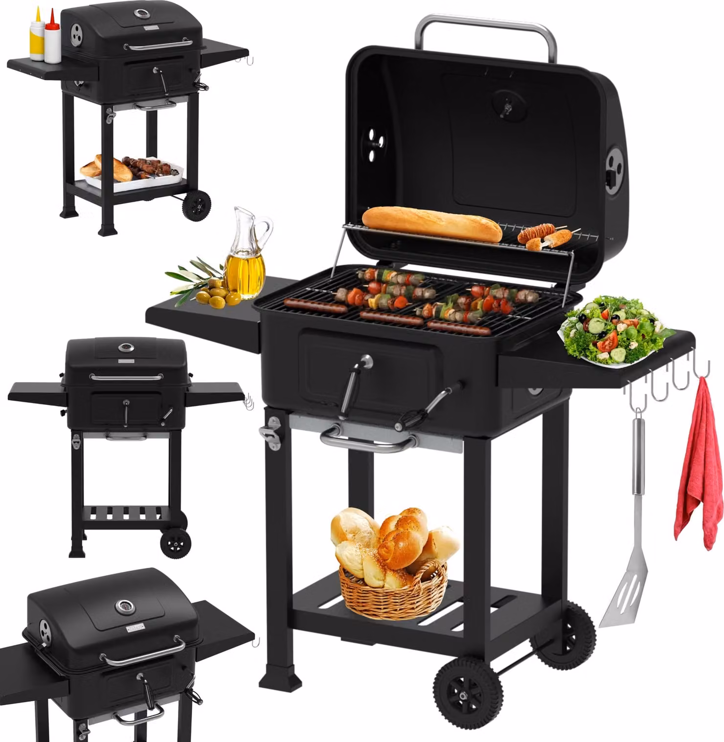 Zilan barbecue professionale a carbonella con coperchio grande superficie grigliante barbecue vassoio per la carbonella regolabile in altezza tavoli laterali termometro area di stoccaggio contenitore per la cenere sistema di ventilazione su ruote per giar