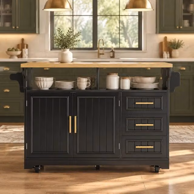 Desviae Isola da cucina su ruote con piani ribaltabili 3 cassetti ripiani regolabili in MDF nero con portaasciugamani laterale