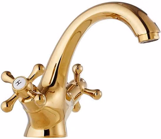 Rubinetto antico per vasca da bagno, doppia maniglia, finitura dorata, rubinetto antico in ottone, maniglia a croce, acqua calda e fredda, rubinetto vintage, comprensivo di due tubi flessibili da 60 cm.