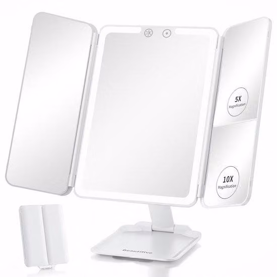 Specchio da tavolo da viaggio, portatile, 3 in 1, ricaricabile, con ingrandimento 1x/5x/10x, funzione touch e regolazione dell'intensità luminosa, bianco