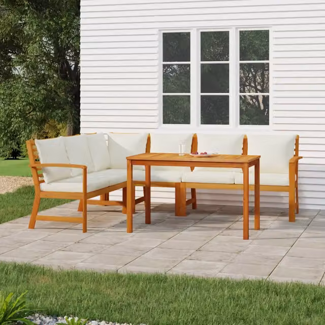 Set da pranzo da giardino vidaXL in legno di acacia con 5 pezzi e cuscini, colore marrone e bianco, L/P/H: 110 x 60,5 x 81 cm – 1