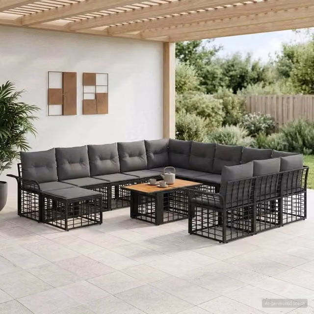 Set Divano da Giardino a L vidaXL con Poltrona, Tavolino e Ottoman, Colore Nero e Grigio, Struttura in Acciaio e Polyrattan con Cuscini Inclusi