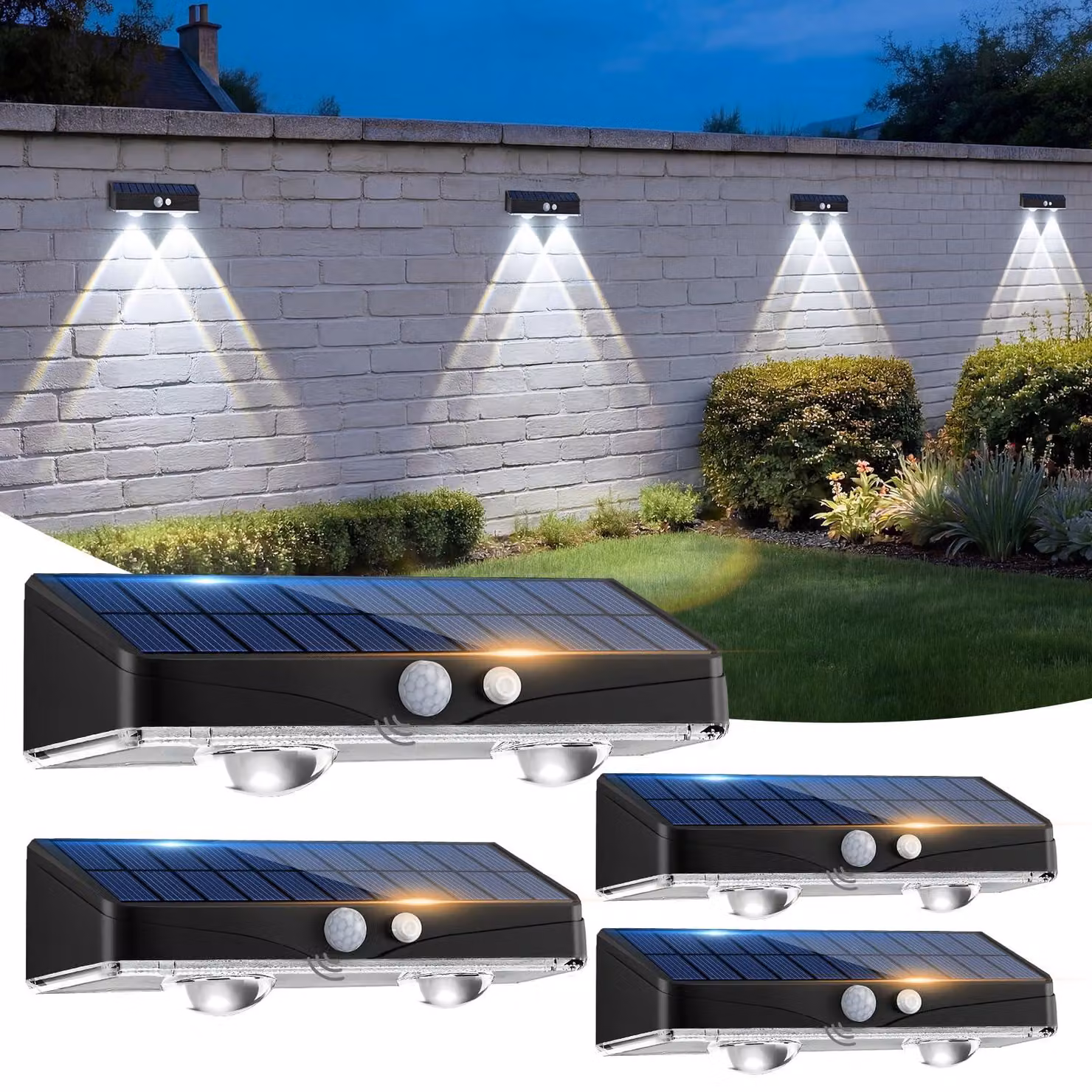 Lampade solari per recinzioni, confezione da 4, con sensore di movimento, grado di protezione IP65, luce bianca fredda