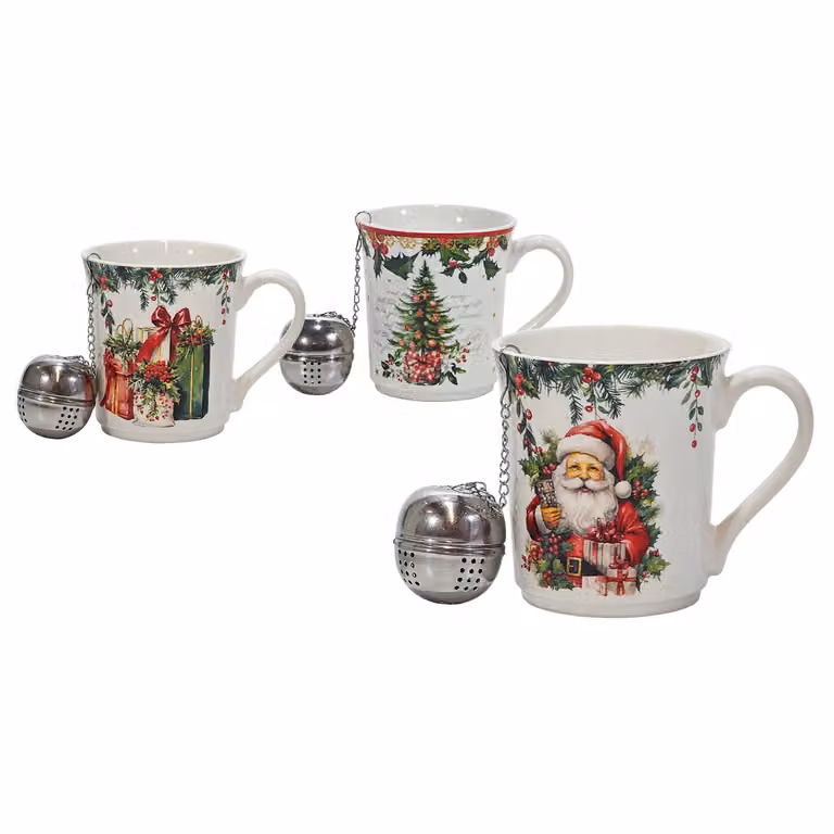 Tazza Natalizia Vestiamo Casa in Porcellana New Bone China Multicolore con Infusiera in Acciaio Inox da 32 cl