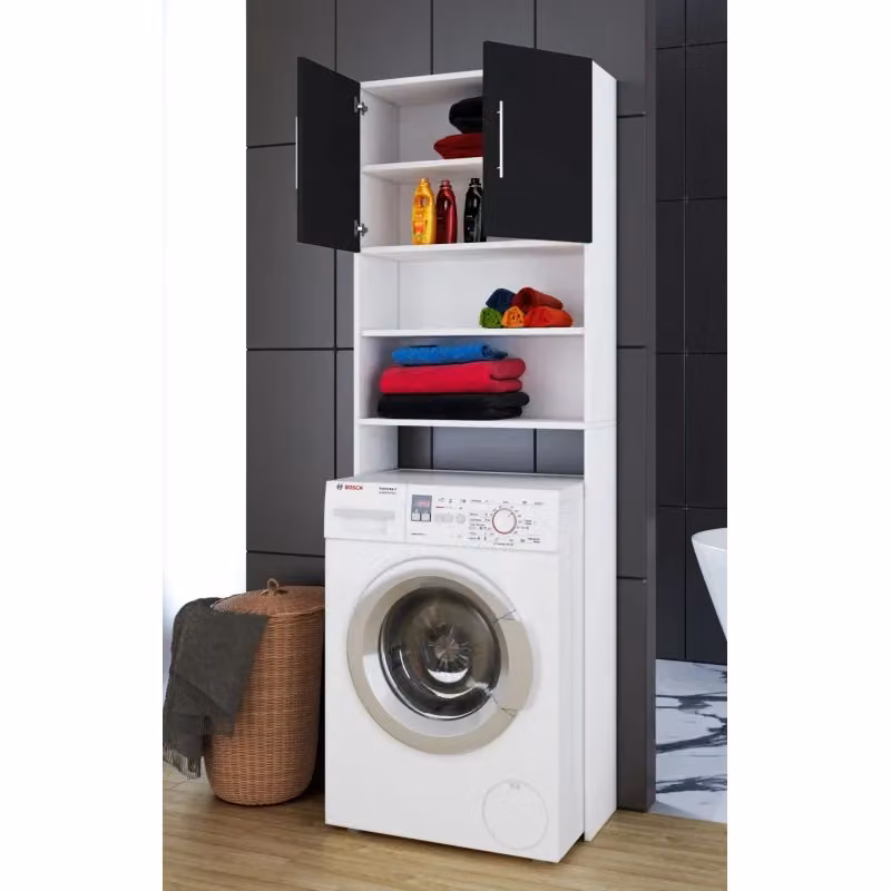 Colonna Lavanderia Ezooza Coprilavatrice con Ripiani e Ante, Bianco e Nero, H190 x L64 x P25 cm – 2