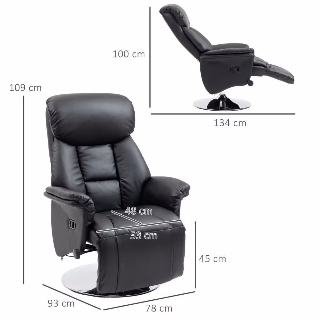 Poltrona relax girevole WISHDOR in similpelle nera con poggiapiedi estraibile e schienale reclinabile H: 109 cm, L: 80 cm, P: 78 cm – 2