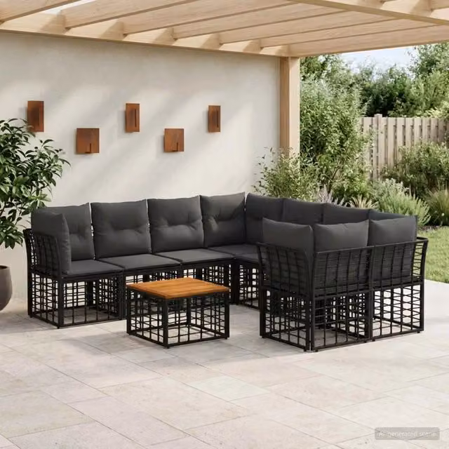Set di divani da esterno 9 pz Nero e Grigio scuro polyrattan 3437419
