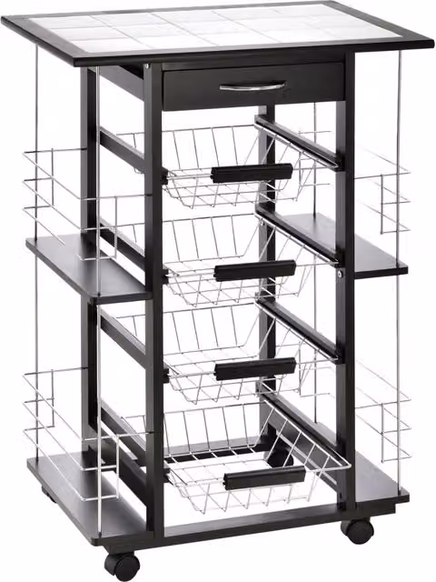 Carrello da cucina Minimal nero con 4 cesti e cassetto in metallo e legno di pino, L: 57 cm, P: 37 cm, H: 83 cm