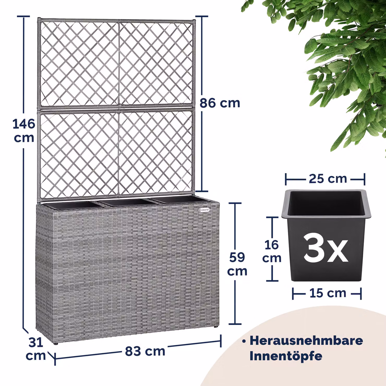 Fioriera con traliccio CASARIA in polyrattan grigio con struttura in acciaio e plastica – 3