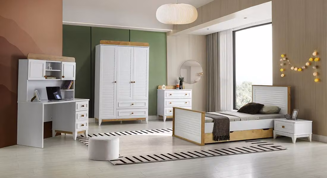Garnitur Kinderzimmer Bett Kinderbett Kindermöbel Weiß Holz Set 5tlg