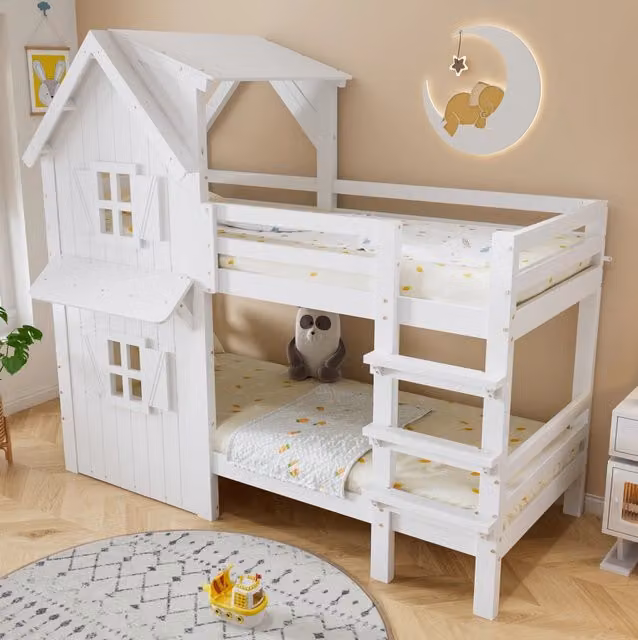 Letto a castello ULEVR 90x200 cm bianco con tetto, finestre, sponde di sicurezza e scala a 3 gradini