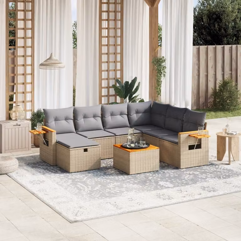 vidaXL Set Divano da Giardino 8 pz a Forma di L con Cuscini Beige e Grigio in Polyrattan e Acciaio