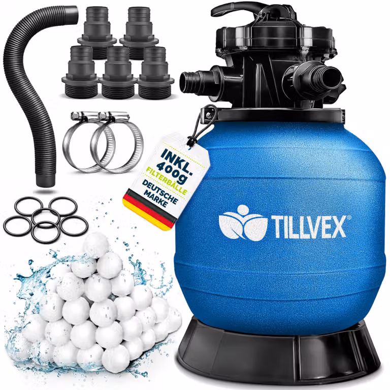 Filtro a sabbia per piscina tillvex® senza pompa + 400 g di sfere filtranti per piscine fino a 21 m³ (21.000 litri) | Vasca del filtro per piscina con adattatore Ø 32-38 mm | Vasca del filtro a sabbia con valvola a 7 vie, manometro e tubo di aspirazione