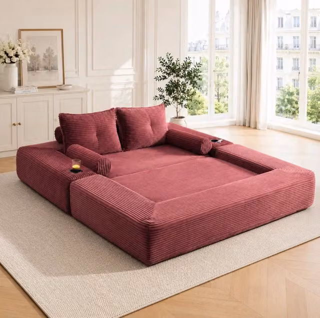 Divano letto modulare 180x198 cm in velluto a coste rosso vino con portabevande HOMVRA