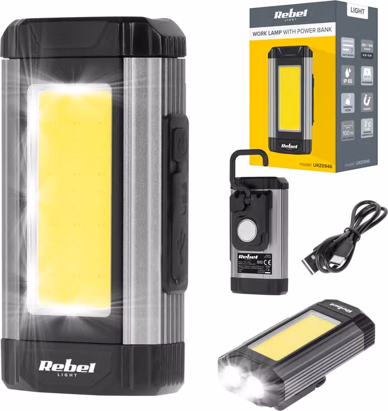 Lampada da officina Rebel LED 15 W Powerbank 100 m IP65 gancio magnetico