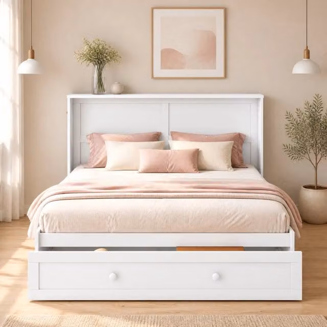 Letto a scomparsa Mivray bianco con cassetto e ripiani laterali in legno e MDF, dimensioni 140 x 200 cm – 1