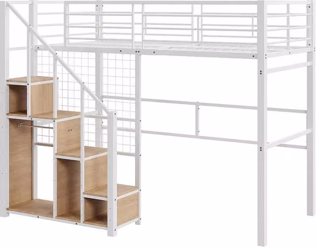Letto singolo per bambini - Xylo - 90x200 cm - Bianco - Scala di sicurezza con ripostiglio