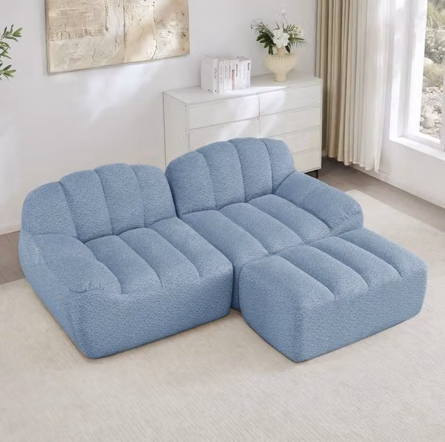 Divano modulare angolare 2 posti con pouf in pile granulato; blu; senza montaggio