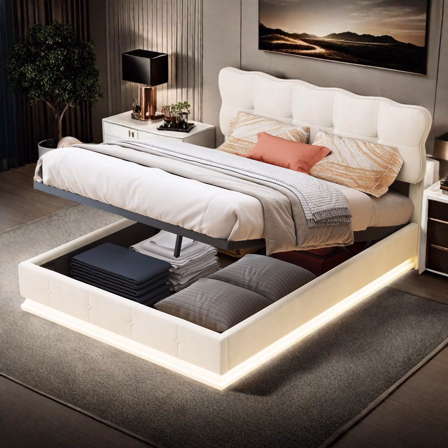 Letto imbottito ProximaX 140x190 cm con alzata a gas e illuminazione a LED sotto il letto, in velluto beige, letto matrimoniale con ampio spazio di archiviazione - design moderno ed elegante per camere da letto