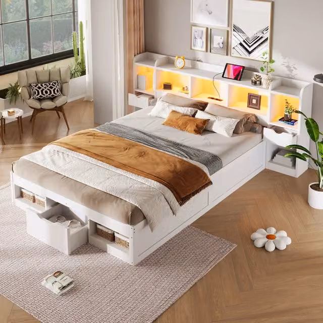 Letto con cassetti 140 × 200 cm con 3 cassetti e vani in testiera e pediera LED in MDF e compensato bianco