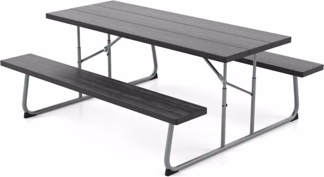 Tavolo da picnic pieghevole Design Mania con 2 panche, set da giardino con telaio in acciaio nero e foro per ombrellone, L: 183 cm