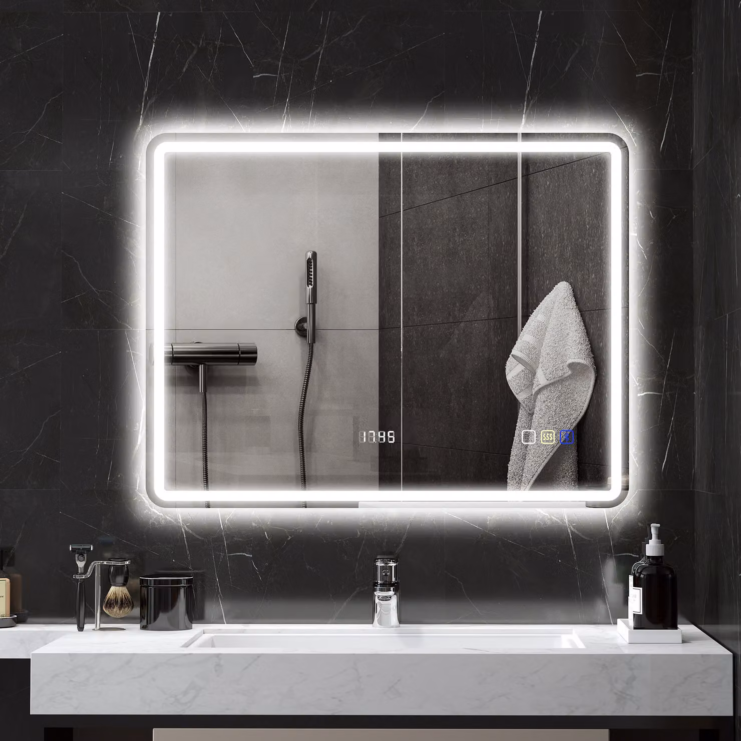 Specchio da bagno HOMCOM con illuminazione LED regolabile, piastra antiappannamento e orologio, color argento, L: 70 cm, H: 90 cm – 2