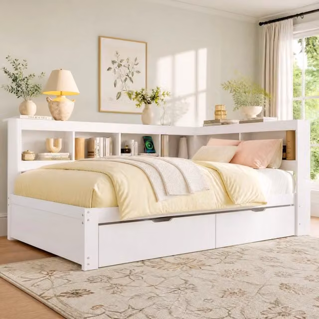 Letto Mivray moderno in pino e MDF bianco con due cassetti e porte USB L/P/H: 219 x 140 x 90 cm