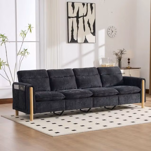 Divano modulare a U a 4 posti con 2 pouf contenitore; in chenille nero; 261 x 77 x 86 cm