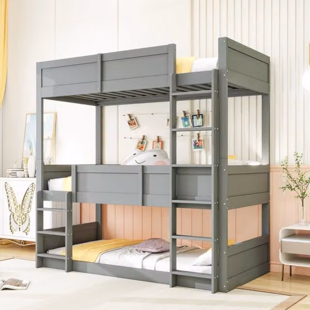 Letto a castello a tre posti 90 x 200 cm, doghe in legno massello, letto alto con recinzione alta, letto per bambini in legno, Grigio