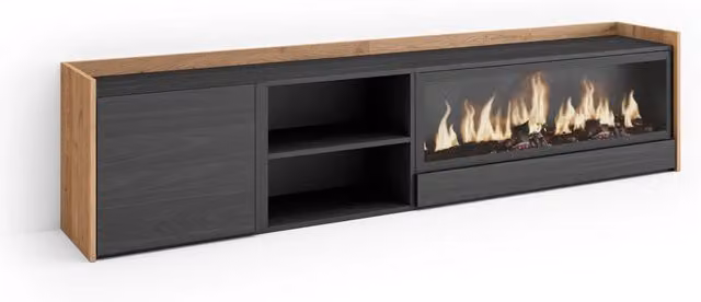 Mobile TV Soggiorno, 212x50x35 cm, Per TV fino a 80", Camino elettrico XXL, Nero e rovere