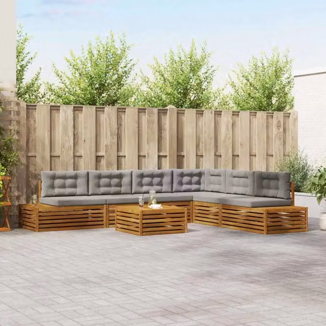 Set di divani da esterno vidaXL a forma di L con tavolo da caffè, 8 pezzi, colore grigio, in legno di acacia trattato con cuscini inclusi – 1