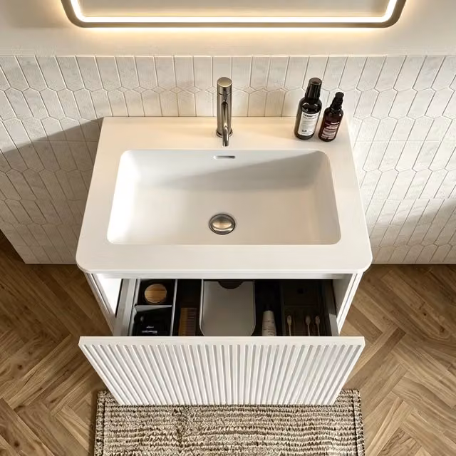 Mobile sottolavabo da bagno con 1 cassetto e design fluted, push-to-open, per bagno, bianco, 60 cm