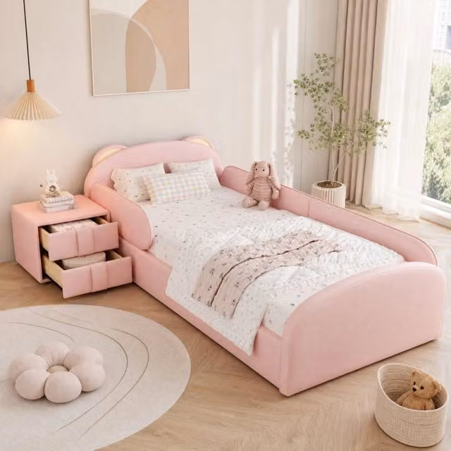Letto singolo imbottito 90 × 200 cm con testiera a orsetto in PU rosa con comodino e protezioni imbottite