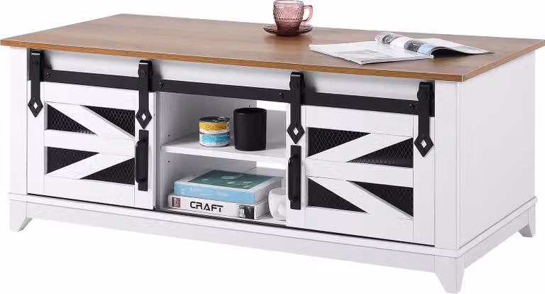 SucceBuy Tavolino da caffè 48" Farmhouse, tavolo rettangolare con 2 porte scorrevoli in stile fienile, design rustico in legno a 2 livelli con ripiani rimovibili, bianco e natura