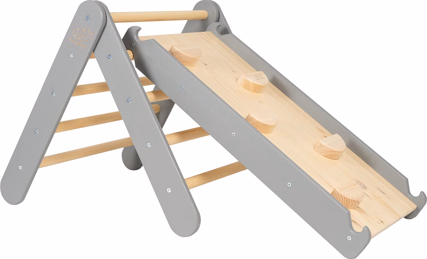 MEOWBABY Struttura da arrampicata per bambini - Triangolo da arrampicata da interno con scivolo/parete da arrampicata, giochi Montessori e Pikler in legno, grigio