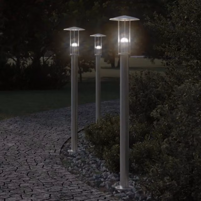 Set di 3 lampade da terra per esterni vidaXL in acciaio inox e plastica, colore argento, Altezza: 100 cm