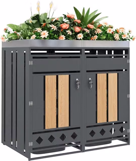 Contenitore per rifiuti da esterno ¨C Minimal ¨C effetto legno 2 vani con superficie per piante