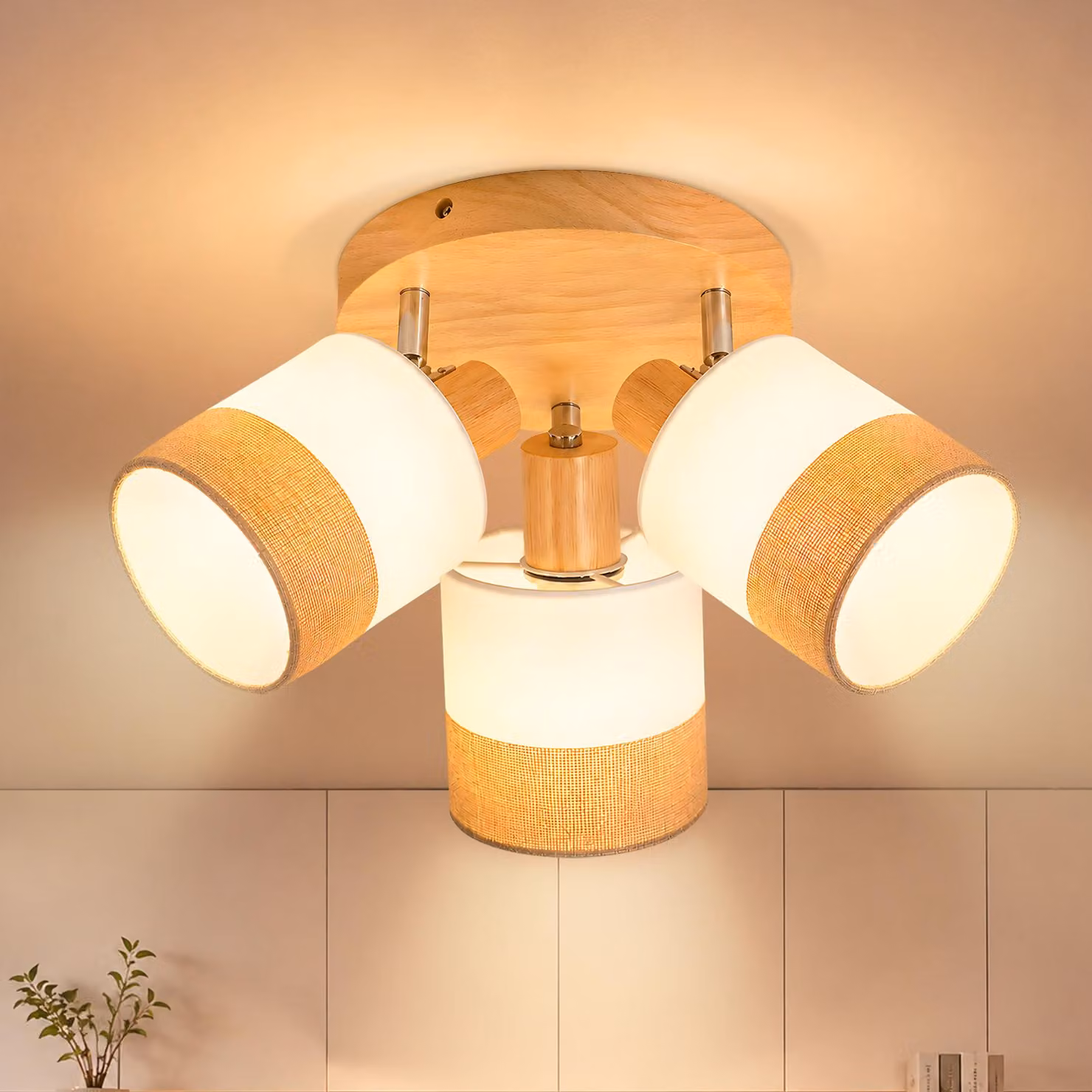 Lampada a soffitto ZMH, 3 luci, ideale per corridoio, camera da letto. Lampada a soffitto rotonda con portalampada E27, paralume in tessuto nero, stile boho, retrò, rustico, adatta per soggiorno, cucina e sala da pranzo