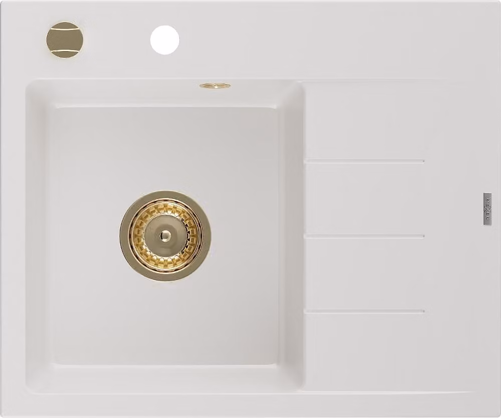 Mexen Ben lavello in granito 1-vasca con sgocciolatoio, sinistro 600 x 500 mm, bianco, sifone dorato - 6522605000-20-G