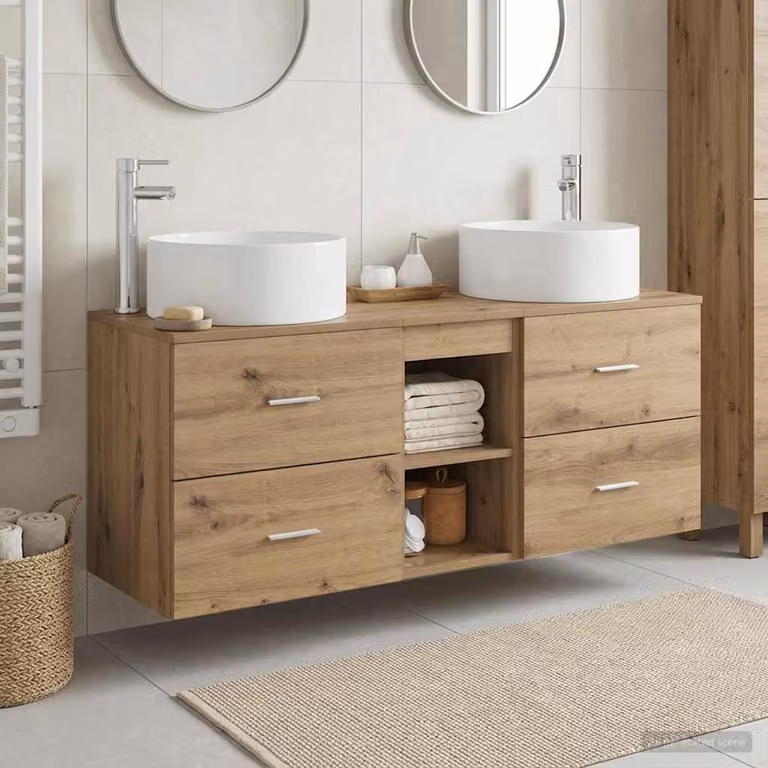 Set di mobili per il bagno vidaXL composto da 3 pezzi in legno marrone con finitura opaca e dettagli argento, stile minimalista