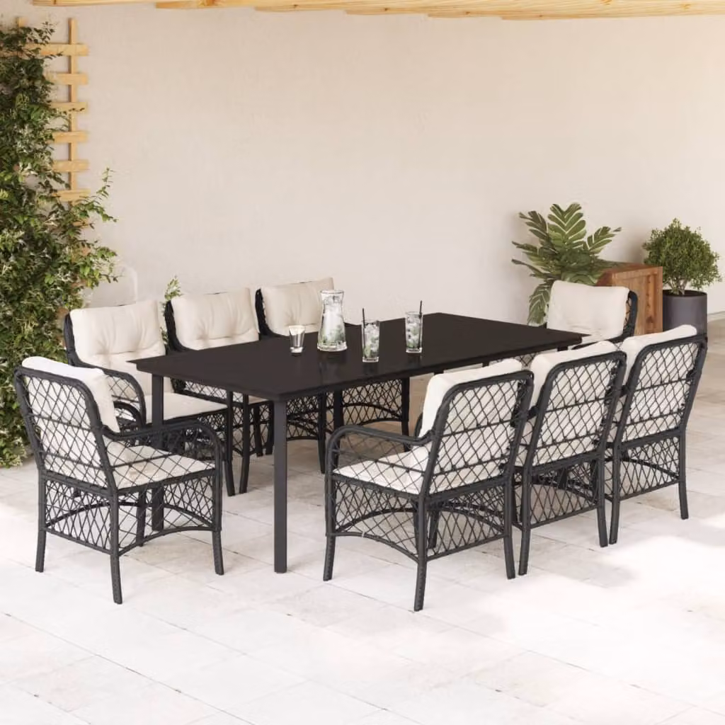 Set da Pranzo da Giardino vidaXL in Polyrattan Nero con Cuscini e Tavolo in Vetro, 9 Pezzi – 1
