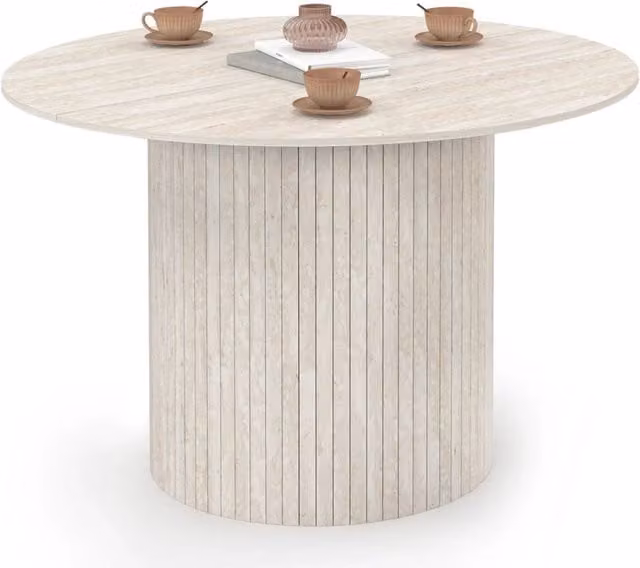 Tavolo da pranzo rotondo IDMarket JULIETTE per 6 persone, stile travertino beige con gamba centrale a doghe, Diametro: 110 cm, Altezza: 75 cm