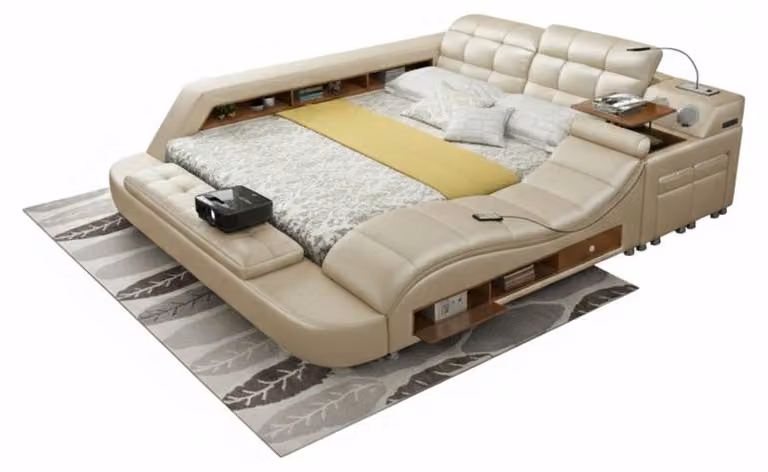 Letto multifunzionale in stile moderno, color beige, struttura in legno, morbido