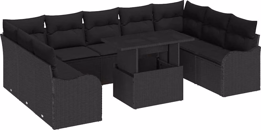 Set Divano da Giardino con cuscino 10 pcs Nero Poly Rattan