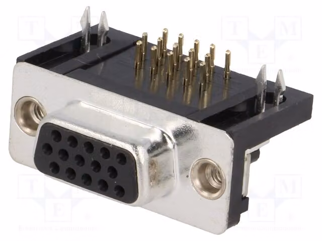 1x Connettore D-Sub HD a 90°, femmina, per montaggio su circuito stampato, con 15 pin. Modello: HDL15-SL-B. Connettore D-Sub