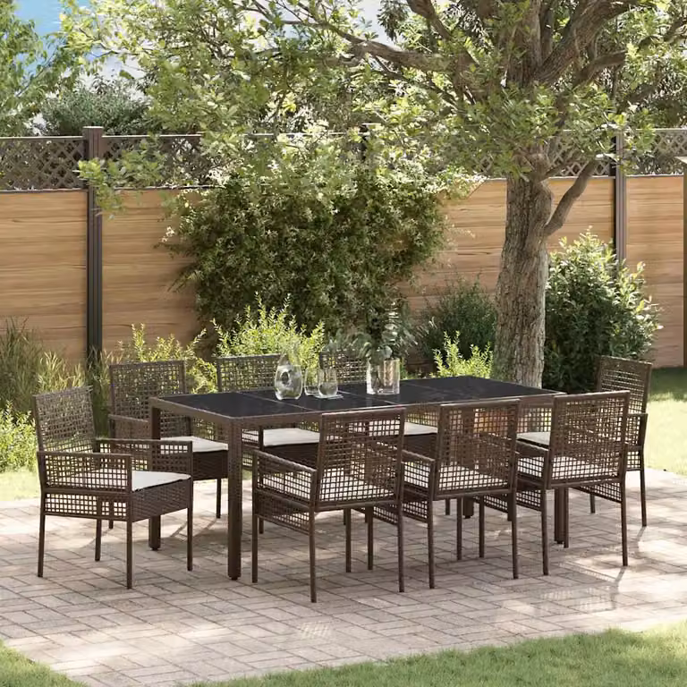 Set da pranzo per giardino e terrazzo vidaXL in polyrattan marrone e beige con tavolo in vetro, 9 pezzi