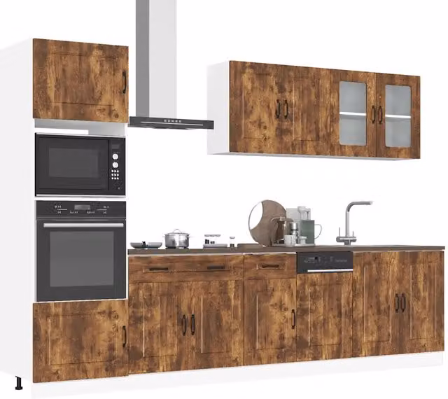 Set di mobili da cucina moderno vidaXL in legno di quercia marrone con ante in vetro e ripiani interni, 7 pezzi