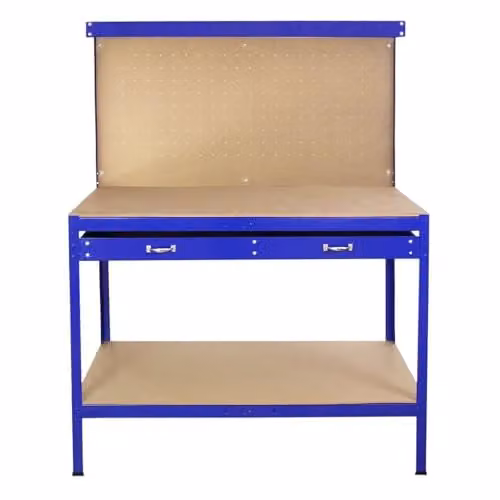 Banco da Lavoro a 3 Livelli con Piano da 120x60cm Ultra Resistente e Pannello Parete Forata Porta Attrezzi Utensili e 40 Ganci universali GRATIS + 2 Mensole e Cassetto - Blu